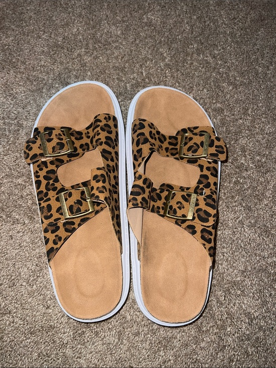 Shoes - Leopard Print Double-Buckle Slide Sandals - Tan/Black